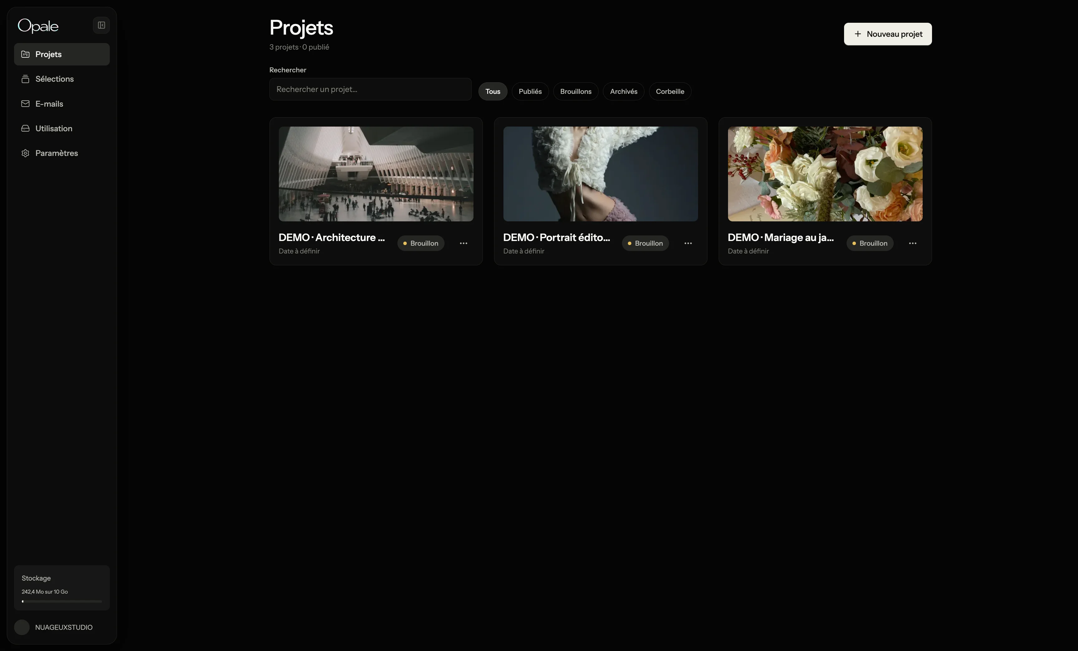Opale project dashboard with studio galleries