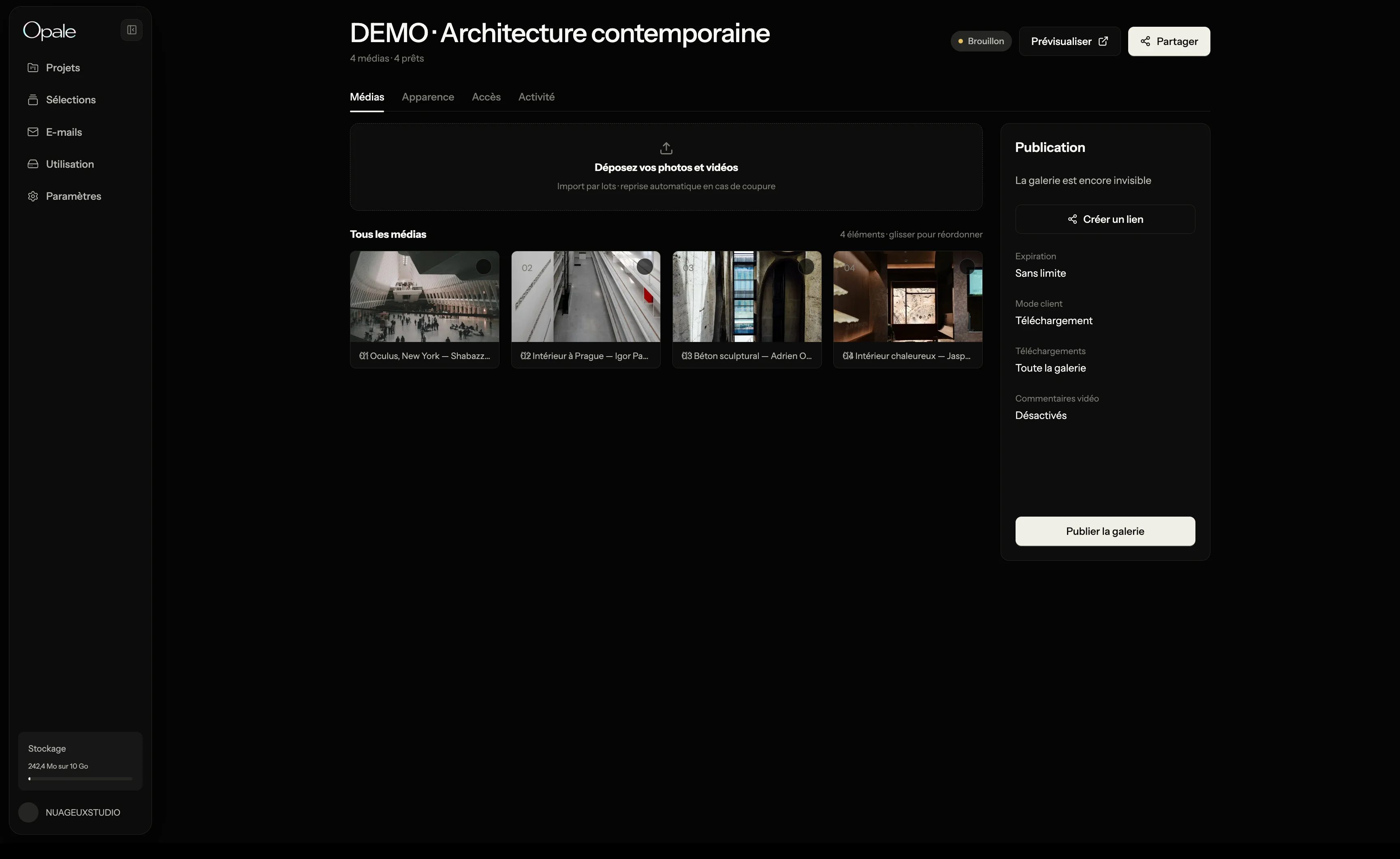 Opale gallery editor with upload, access and download controls