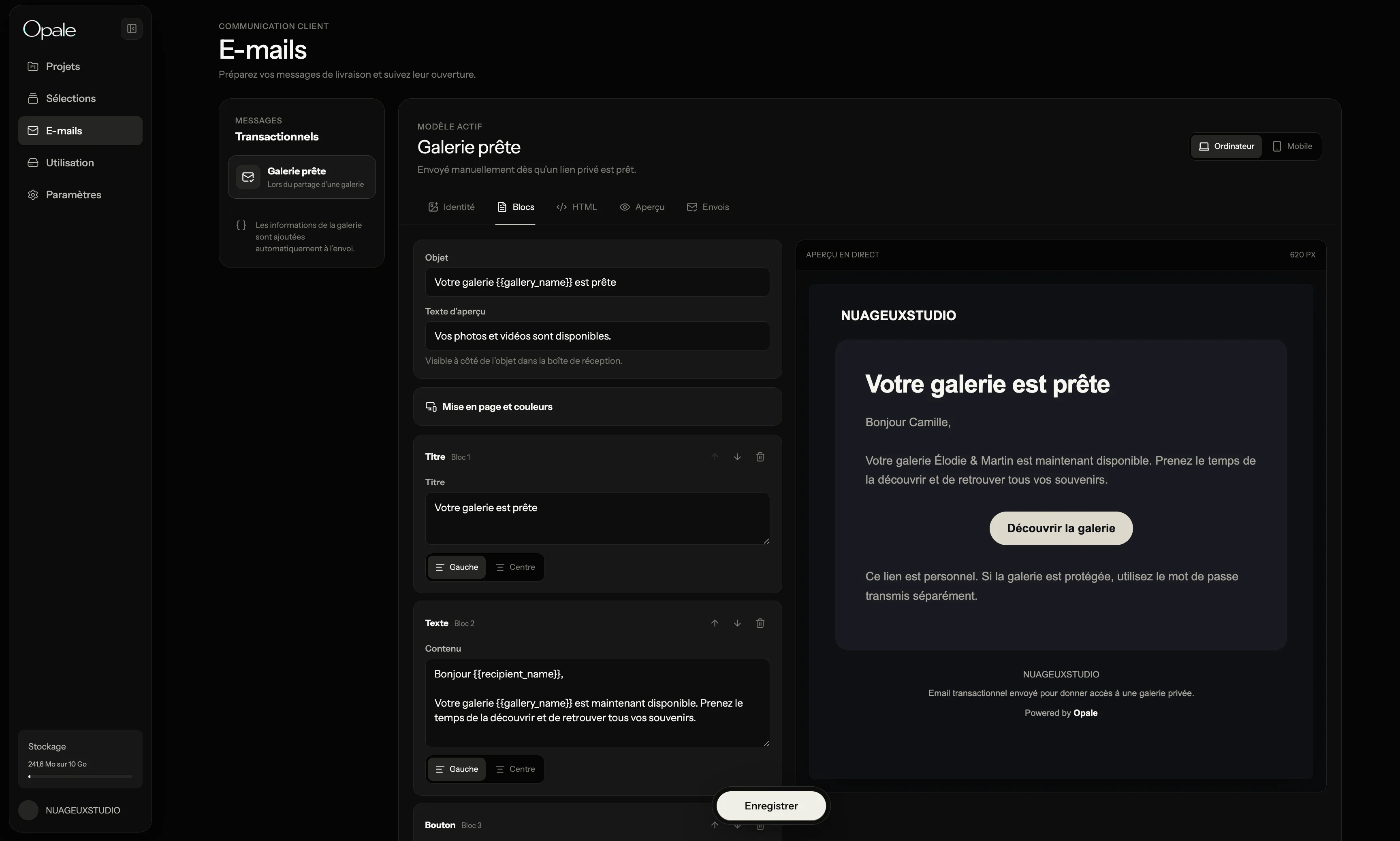 Opale branded gallery invitation editor and email preview