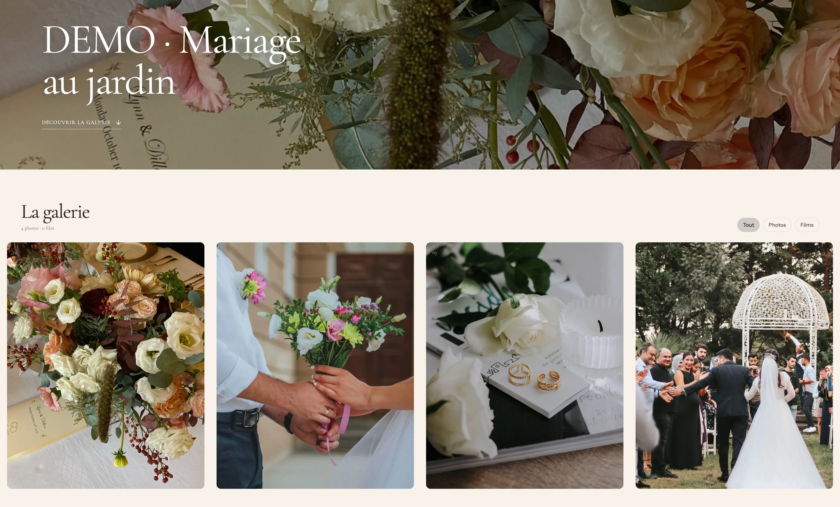 Opale client photo gallery with a wedding and floral layout