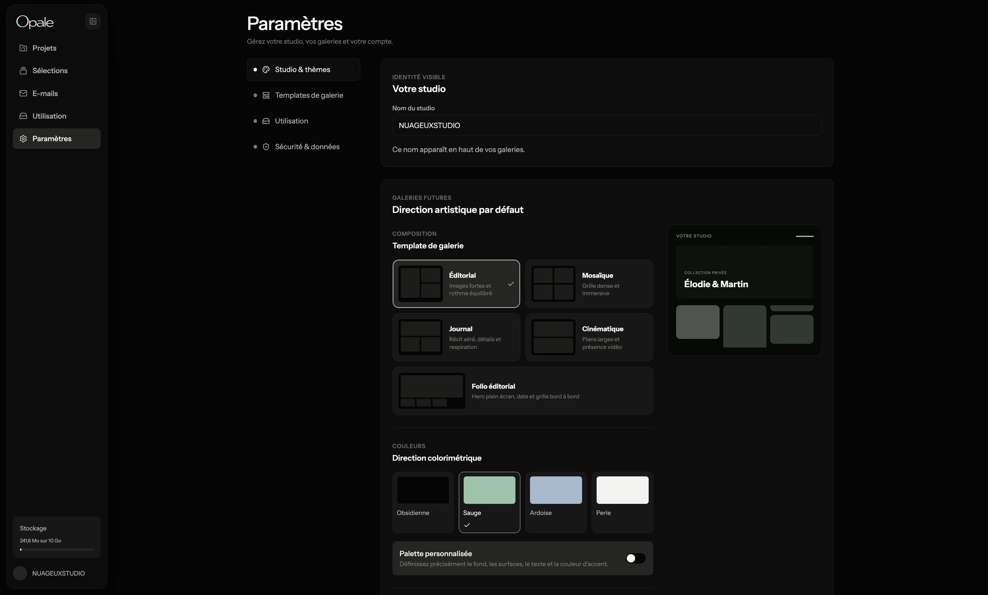 Opale gallery appearance editor with reusable templates, colors and typography